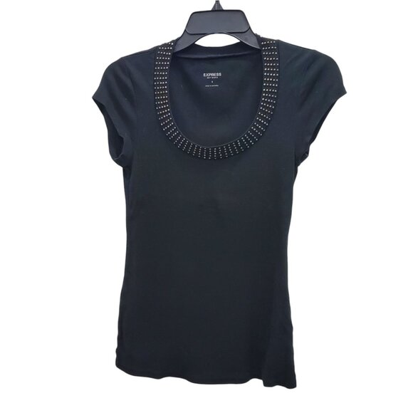 Express Sexy Basics Women's Black‎ Bronze Stud Scoop Neck Modal Blend Knit Tee S - Picture 1 of 7